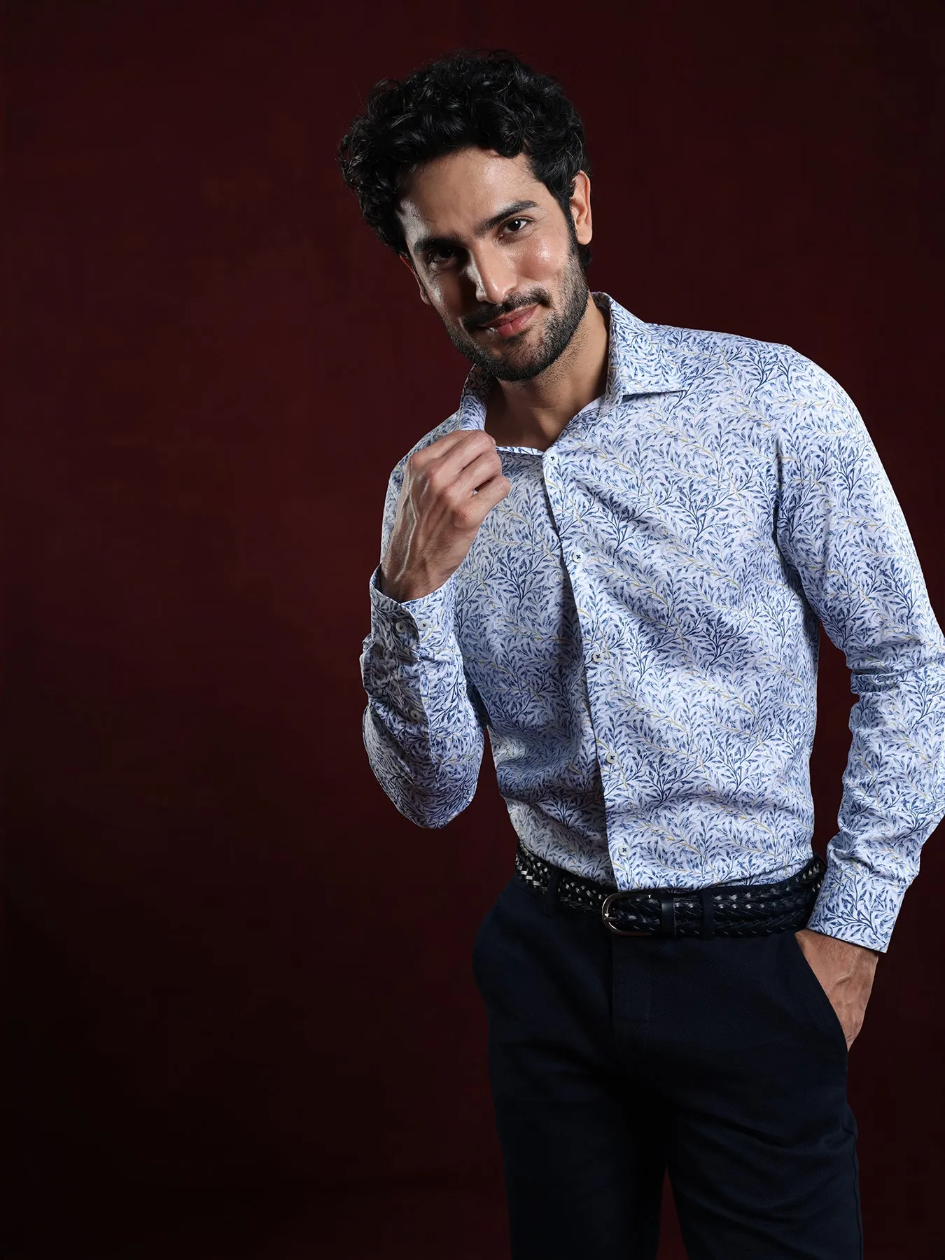 Cotton Tencel Off White Printed Slim Fit Full Sleeve Ceremonial Shirt