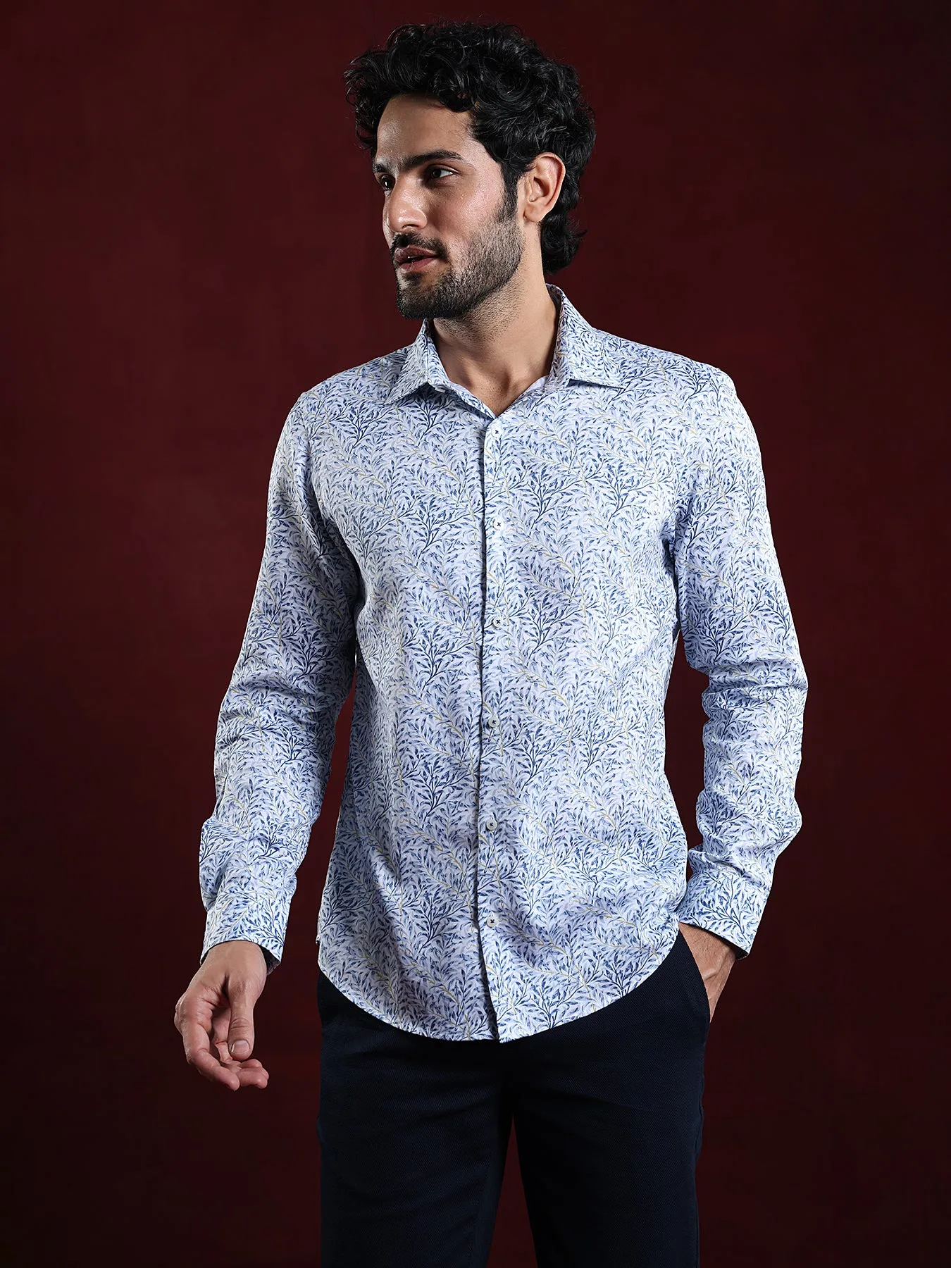 Cotton Tencel Off White Printed Slim Fit Full Sleeve Ceremonial Shirt