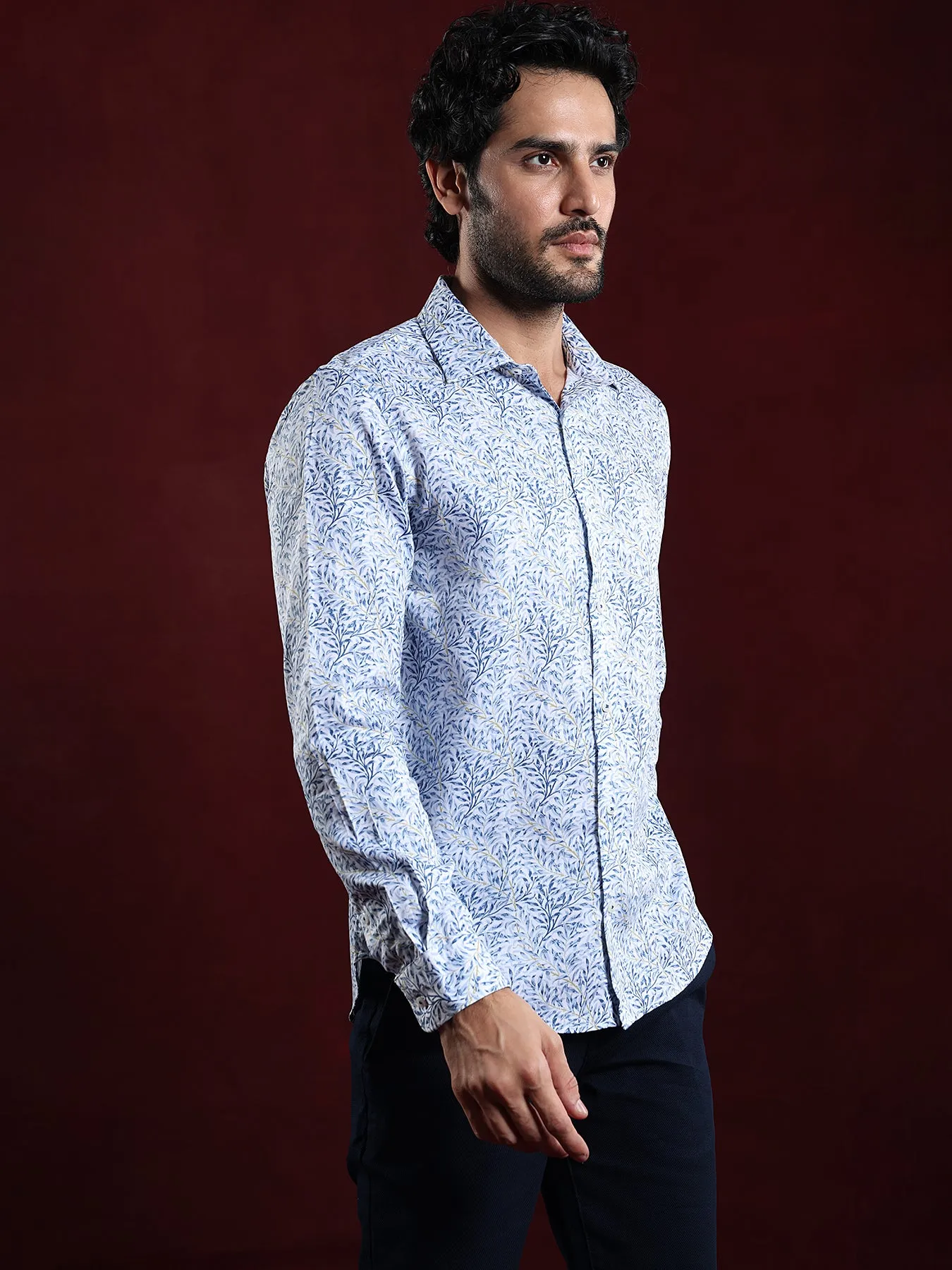 Cotton Tencel Off White Printed Slim Fit Full Sleeve Ceremonial Shirt