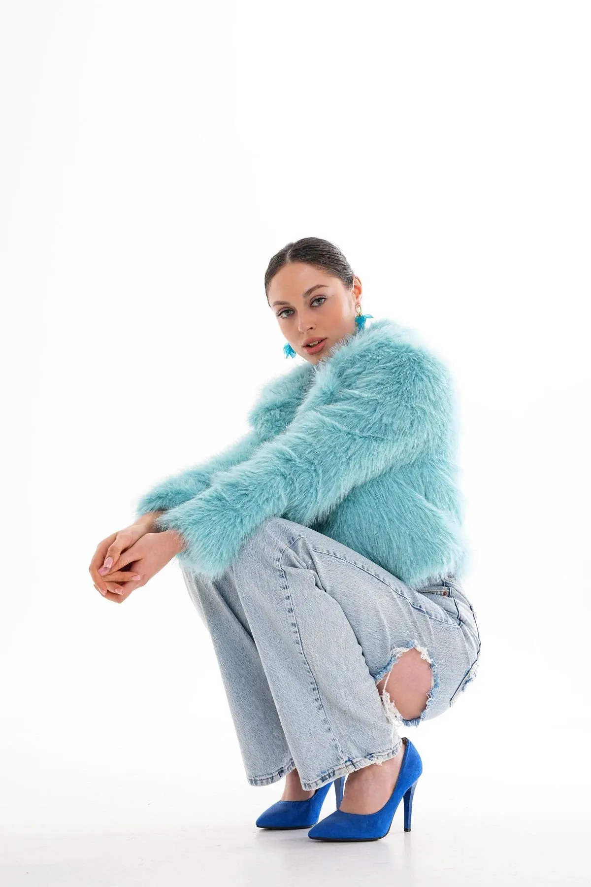 Crop Cut Faux Fur Coat  Baby Blue