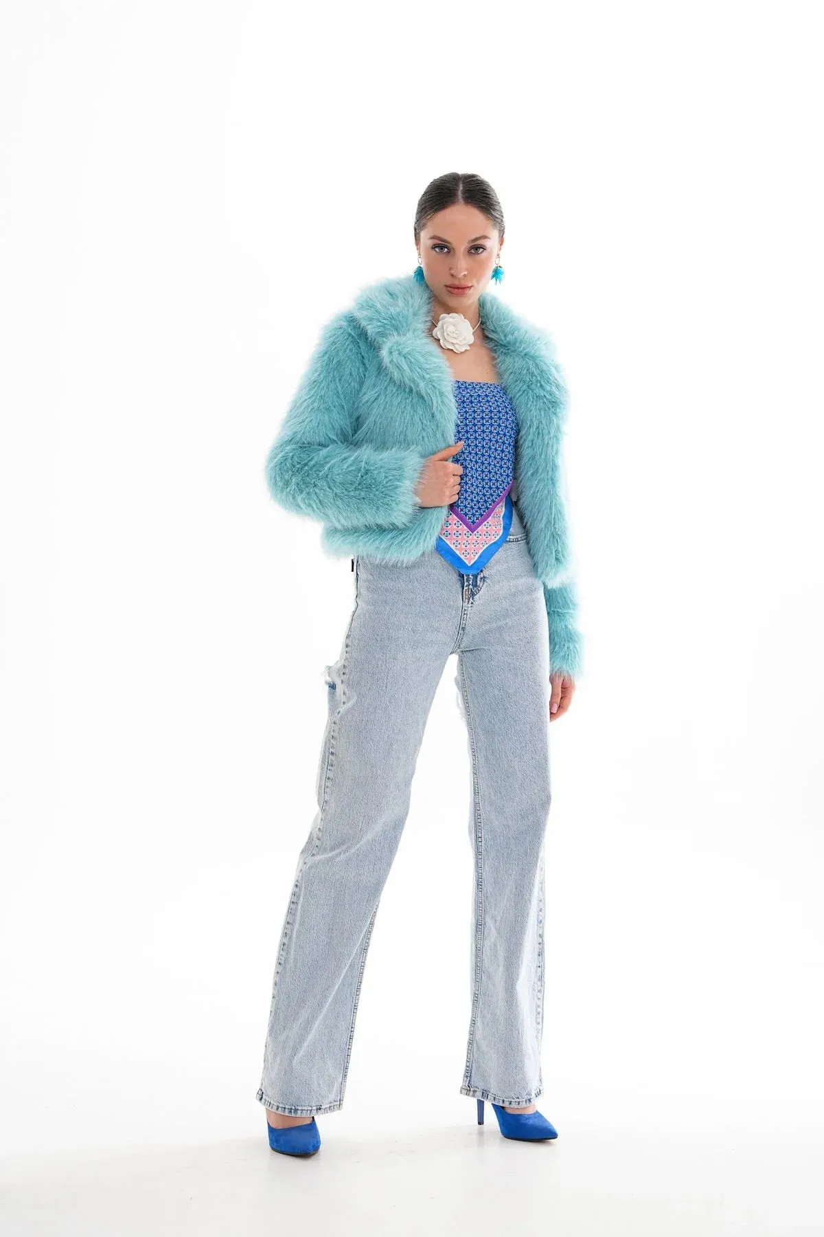 Crop Cut Faux Fur Coat  Baby Blue