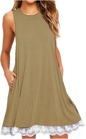 Cute Dresses for Women 2025 Summer Lace Hem Sleeveless Crew Neck Mini Dress Casual Short Beach Sundress with Pockets