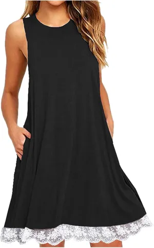 Cute Dresses for Women 2025 Summer Lace Hem Sleeveless Crew Neck Mini Dress Casual Short Beach Sundress with Pockets