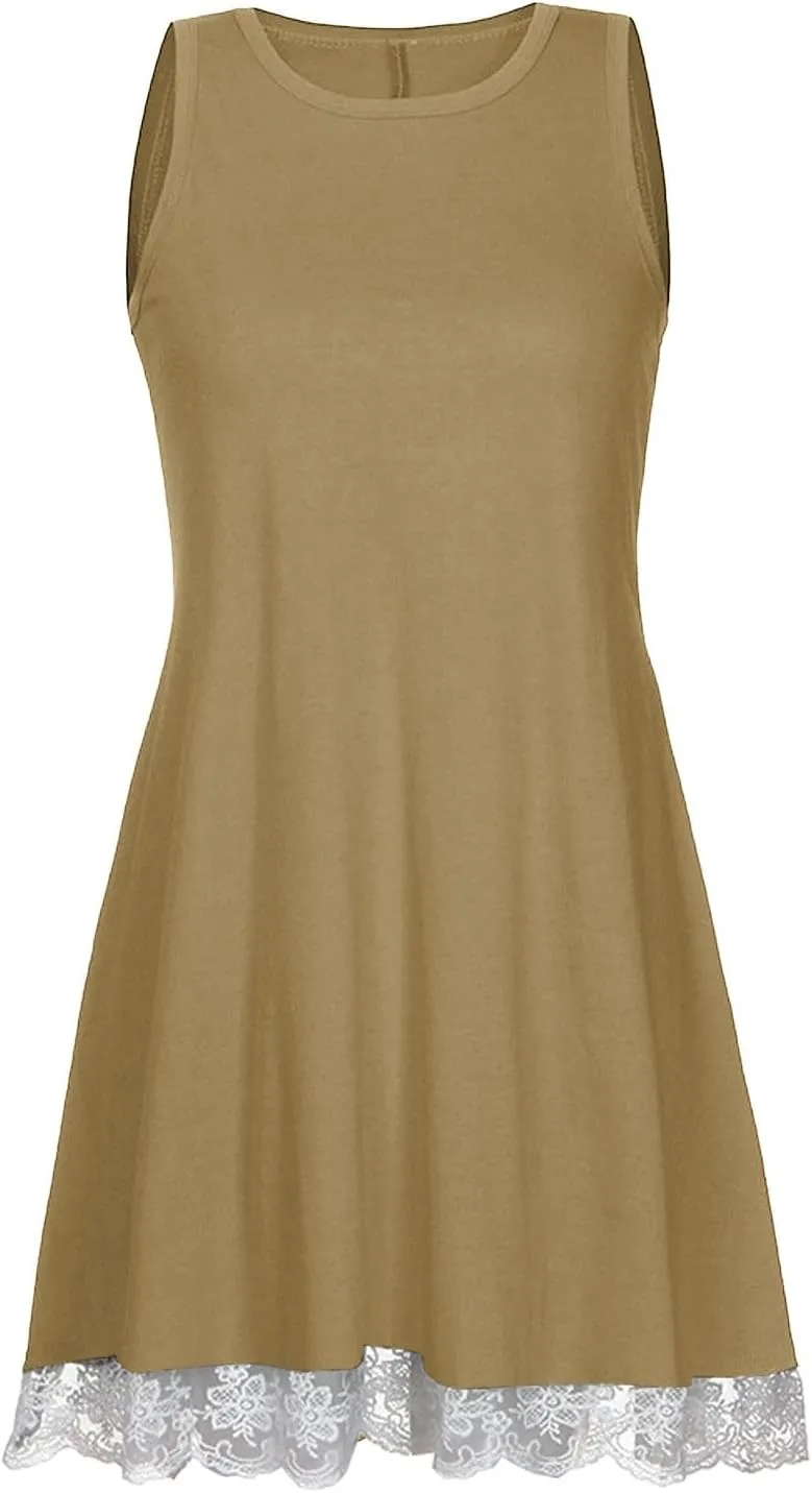 Cute Dresses for Women 2025 Summer Lace Hem Sleeveless Crew Neck Mini Dress Casual Short Beach Sundress with Pockets