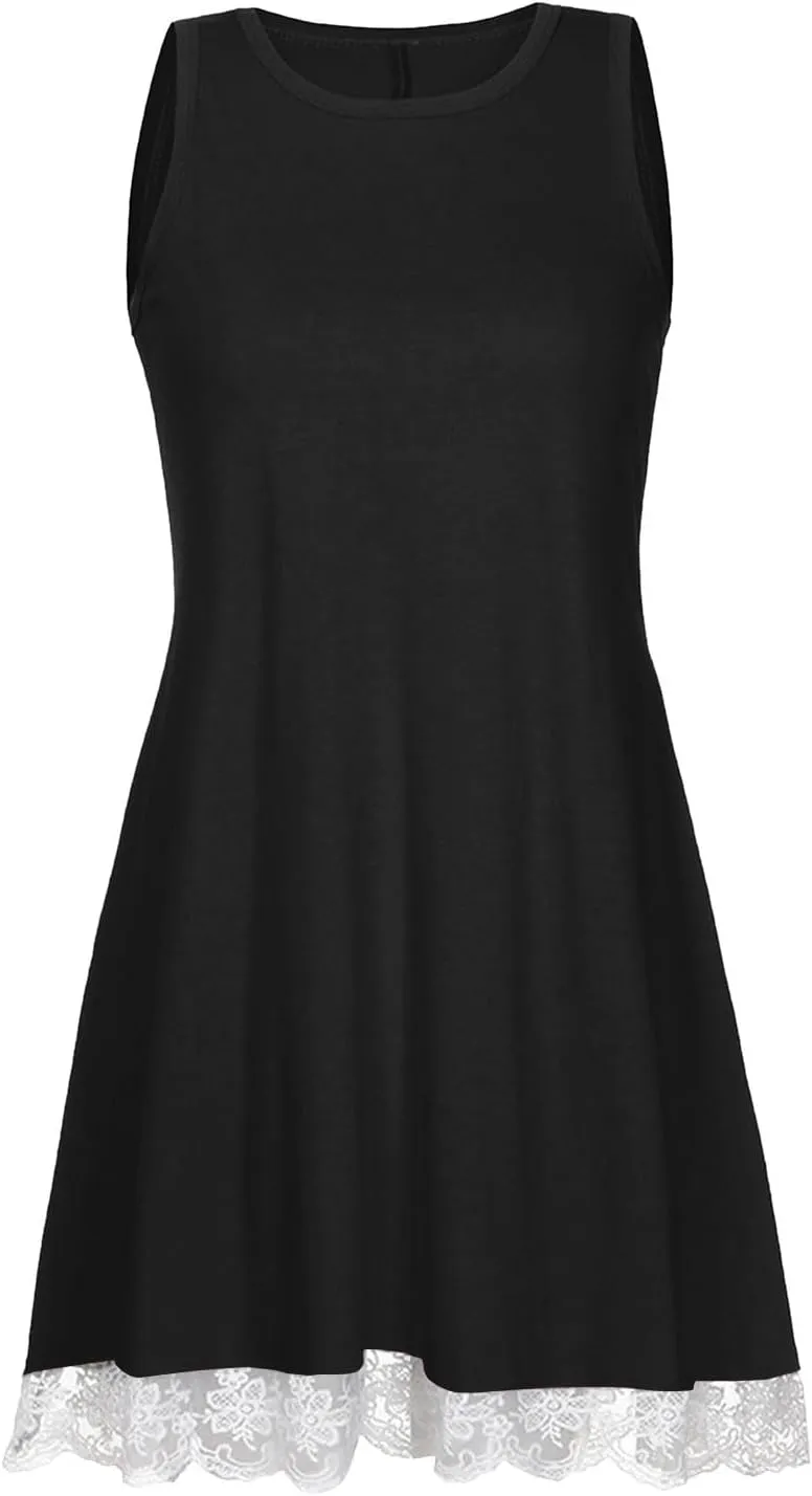 Cute Dresses for Women 2025 Summer Lace Hem Sleeveless Crew Neck Mini Dress Casual Short Beach Sundress with Pockets
