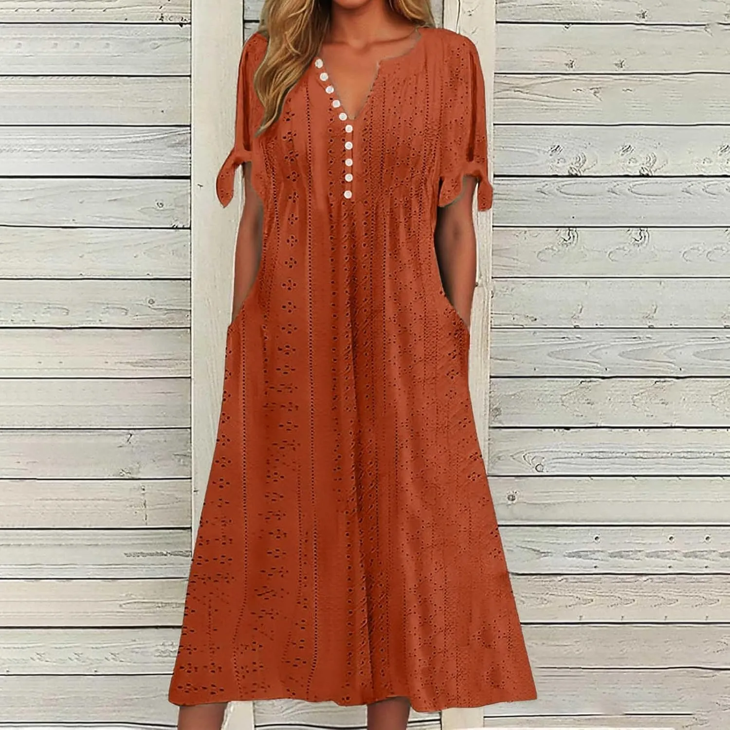 Dresses for Women Eyelet Button V Neck Tie Knot Short Sleeve Dresses Flowy Vacation Midi Tunic Dress with Pocket