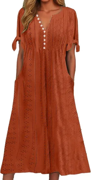 Dresses for Women Eyelet Button V Neck Tie Knot Short Sleeve Dresses Flowy Vacation Midi Tunic Dress with Pocket