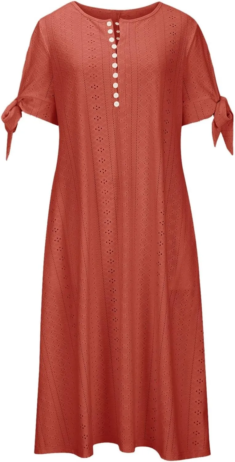 Dresses for Women Eyelet Button V Neck Tie Knot Short Sleeve Dresses Flowy Vacation Midi Tunic Dress with Pocket