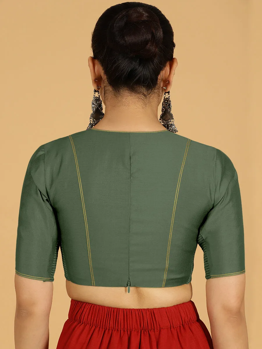 Erum x Rozaana | Elbow Sleeves Saree Blouse in Pine Green