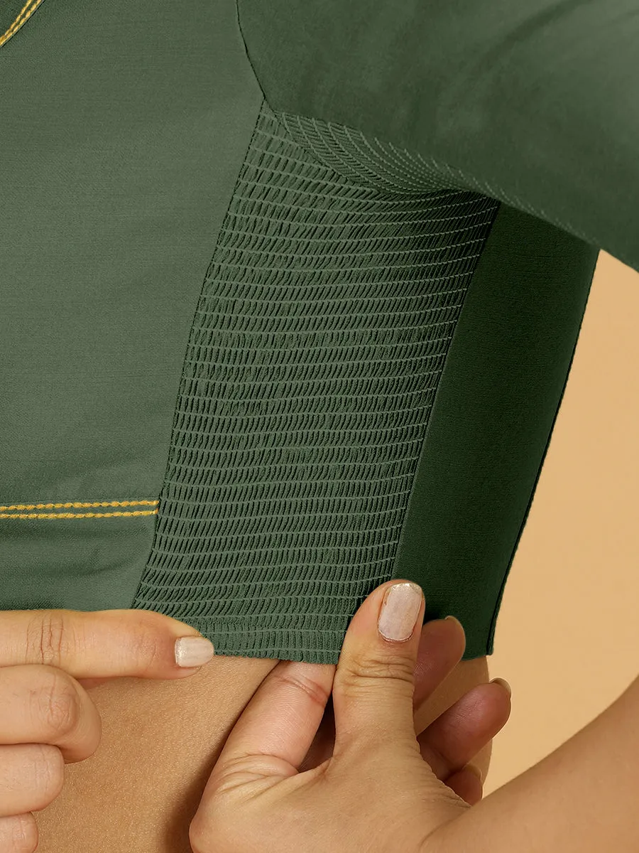 Erum x Rozaana | Elbow Sleeves Saree Blouse in Pine Green