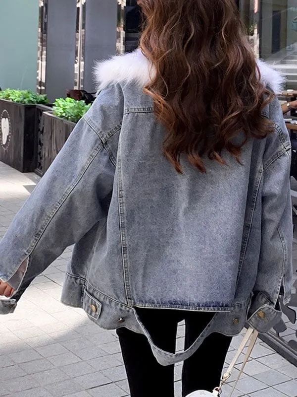 Faux Fur Coats Blue Faux Fur Turndown Collar Long Sleeves Removable Short Winter Coat
