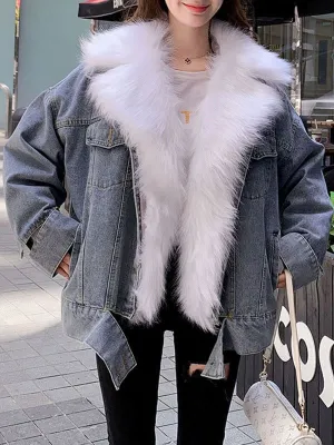 Faux Fur Coats Blue Faux Fur Turndown Collar Long Sleeves Removable Short Winter Coat