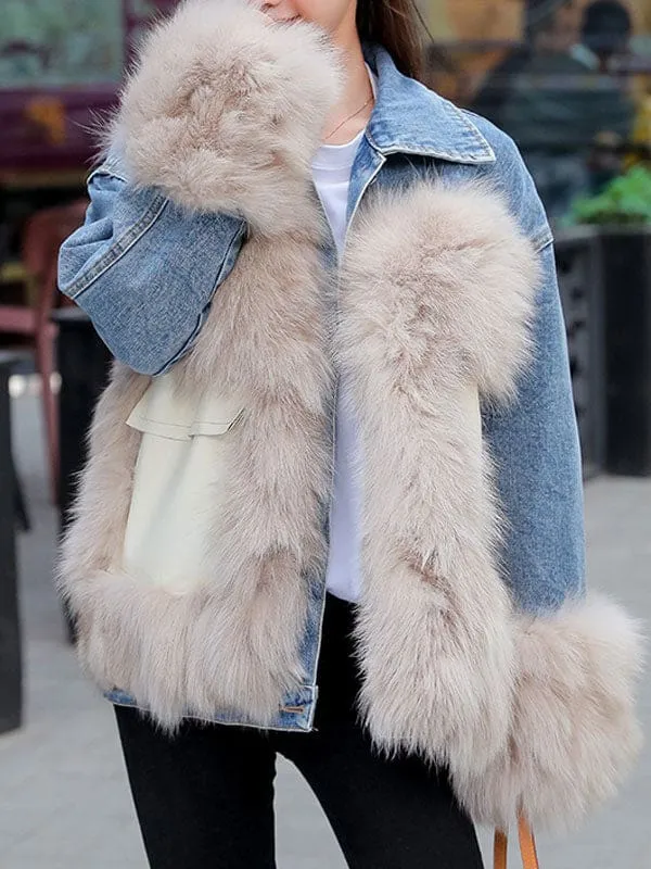 Faux Fur Coats For Women Blue Turndown Collar Long Sleeves Winter Coat