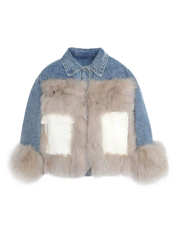 Faux Fur Coats For Women Blue Turndown Collar Long Sleeves Winter Coat