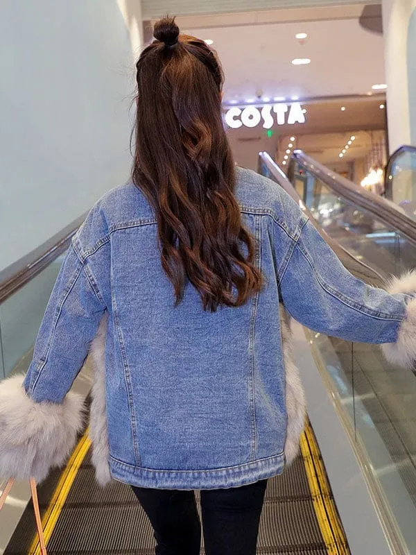 Faux Fur Coats For Women Blue Turndown Collar Long Sleeves Winter Coat
