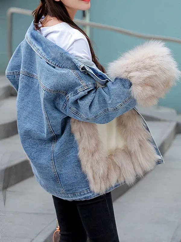 Faux Fur Coats For Women Blue Turndown Collar Long Sleeves Winter Coat