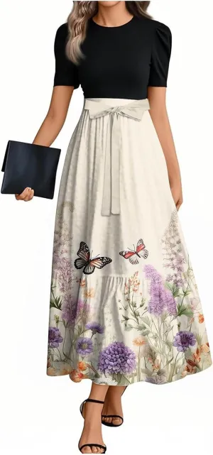 Floral Maxi Dress Spring Womens Long Dresses Short Sleeve Crew Neck Empire Waist Dress Elegant Tie Belted Dresses