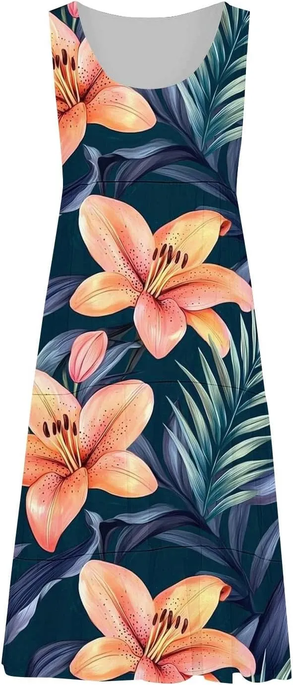 Floral Print Tank Dress for Women Round Neck Sleeveless Midi Dresses 2025 Trendy Summer Boho Sundress