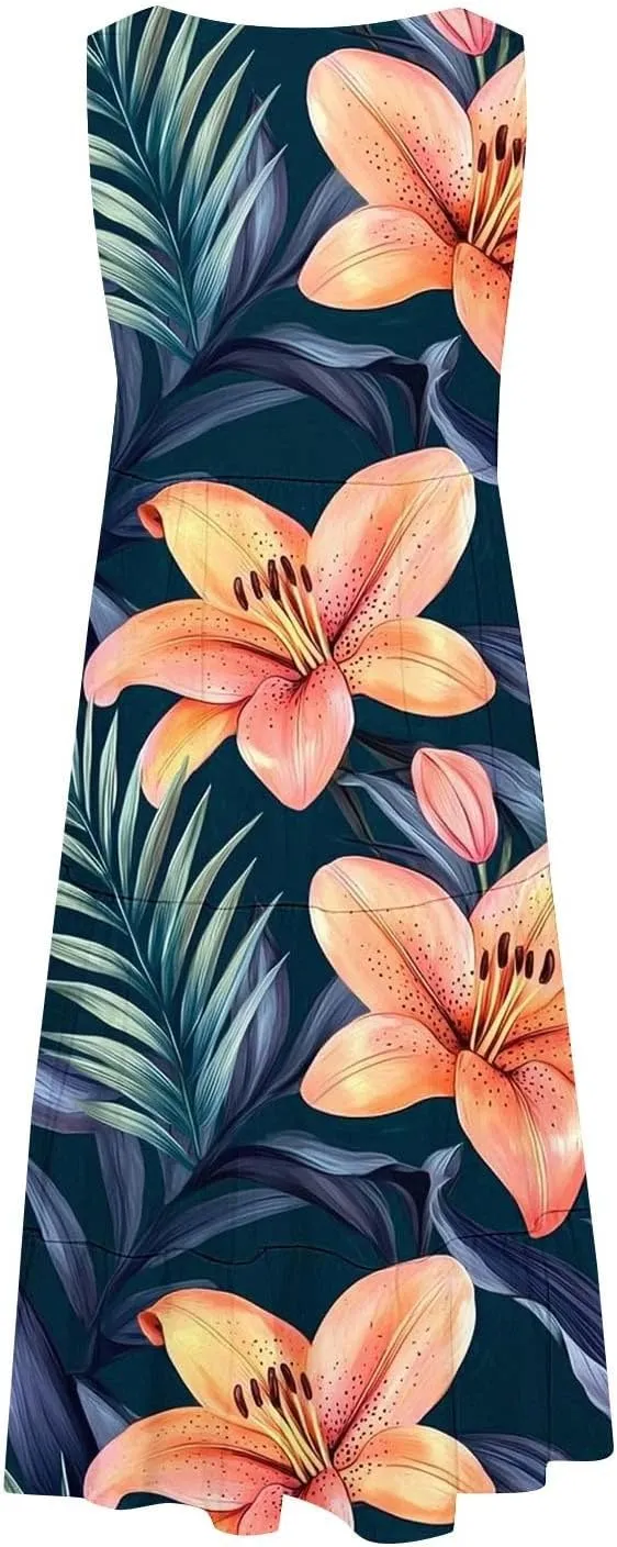 Floral Print Tank Dress for Women Round Neck Sleeveless Midi Dresses 2025 Trendy Summer Boho Sundress
