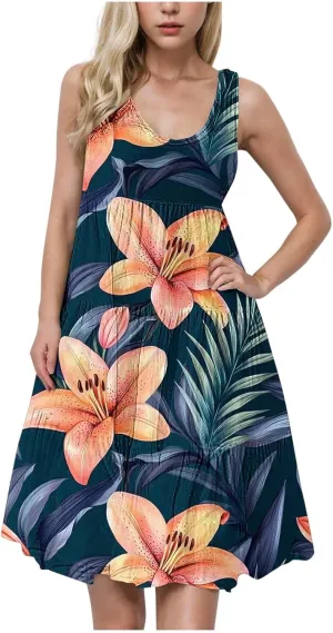 Floral Print Tank Dress for Women Round Neck Sleeveless Midi Dresses 2025 Trendy Summer Boho Sundress