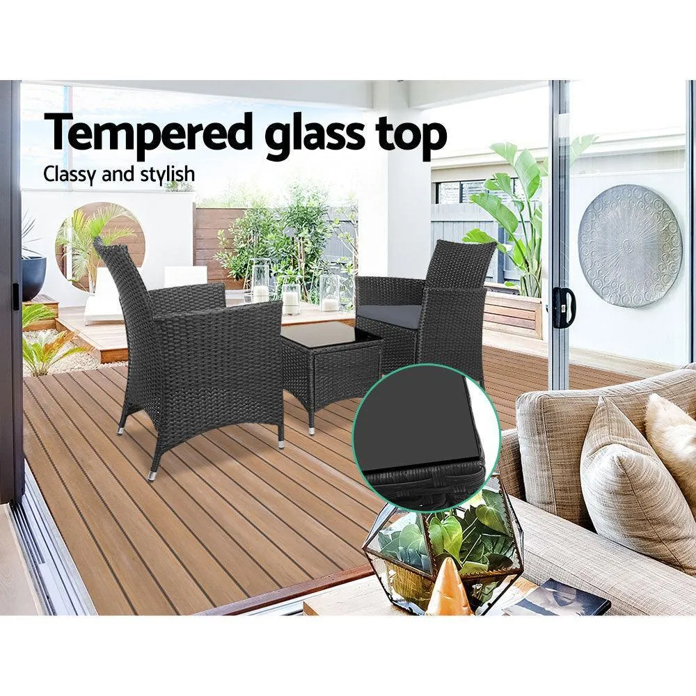 Gardeon 3pc Rattan Bistro Wicker Outdoor Furniture Set Black