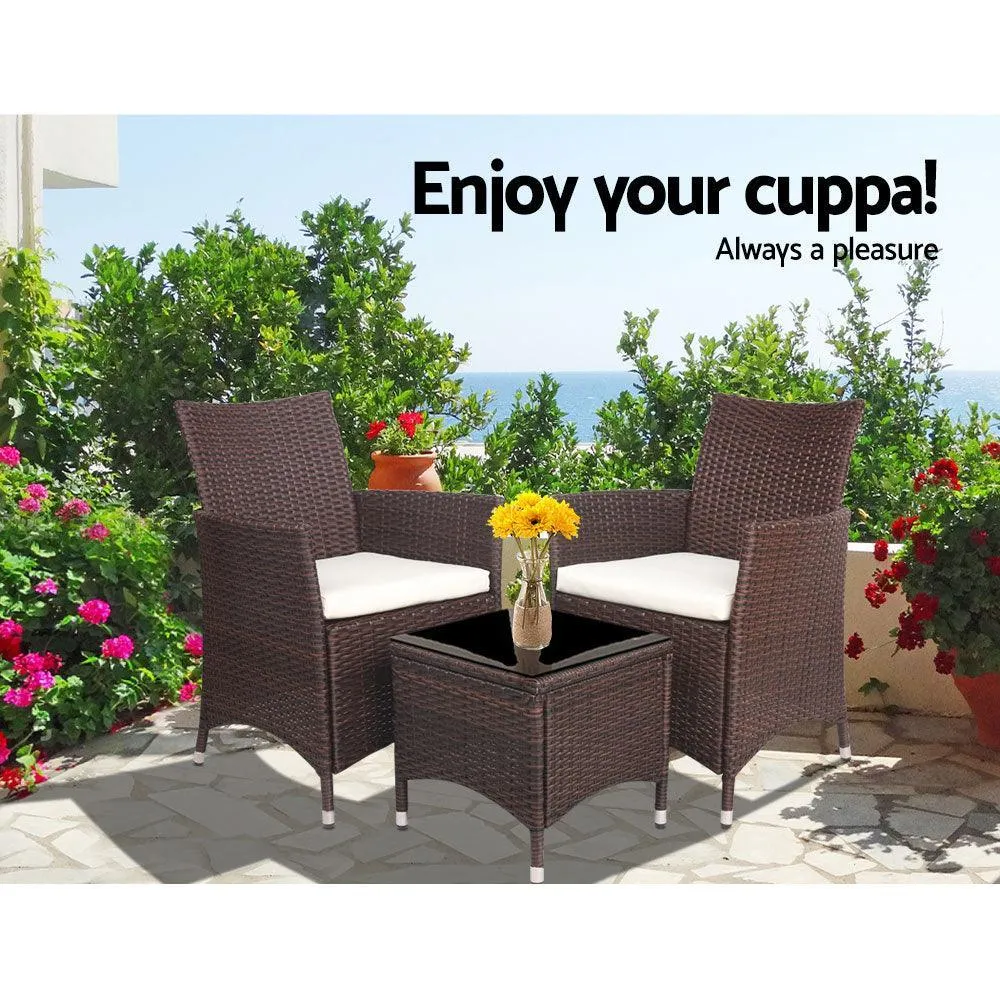 Gardeon 3pc Rattan Bistro Wicker Outdoor Furniture Set Brown