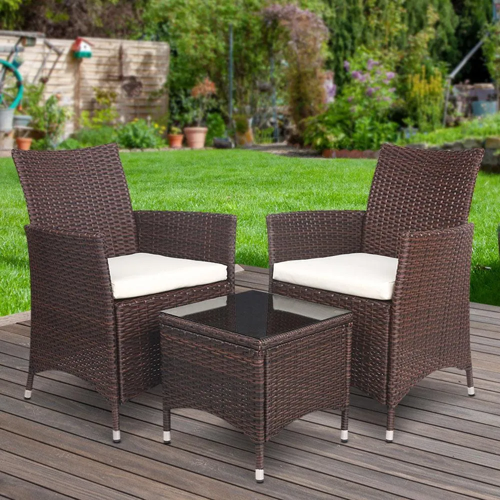 Gardeon 3pc Rattan Bistro Wicker Outdoor Furniture Set Brown