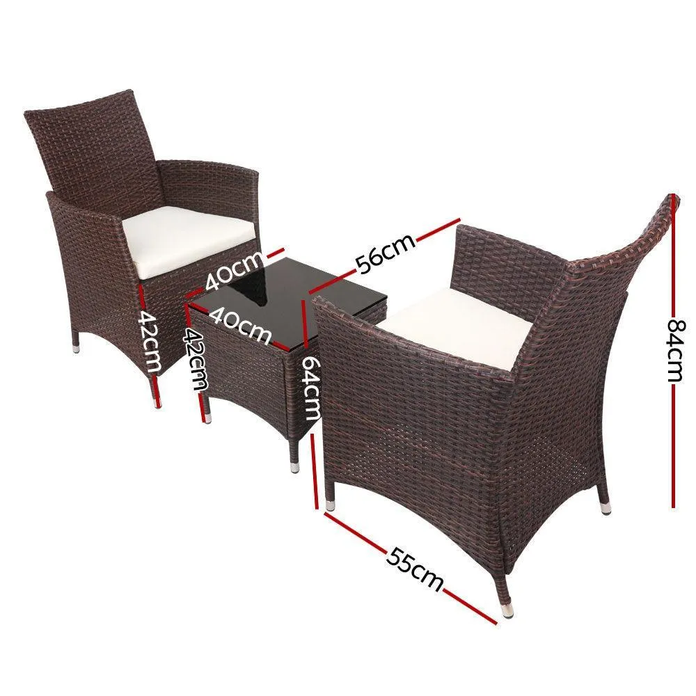 Gardeon 3pc Rattan Bistro Wicker Outdoor Furniture Set Brown