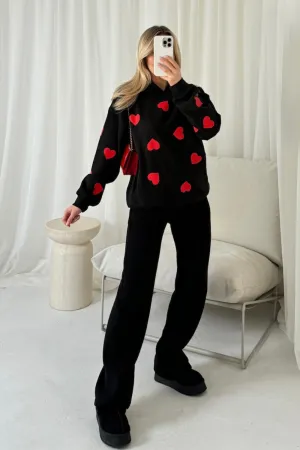 Heart black printed relaxed hoodie