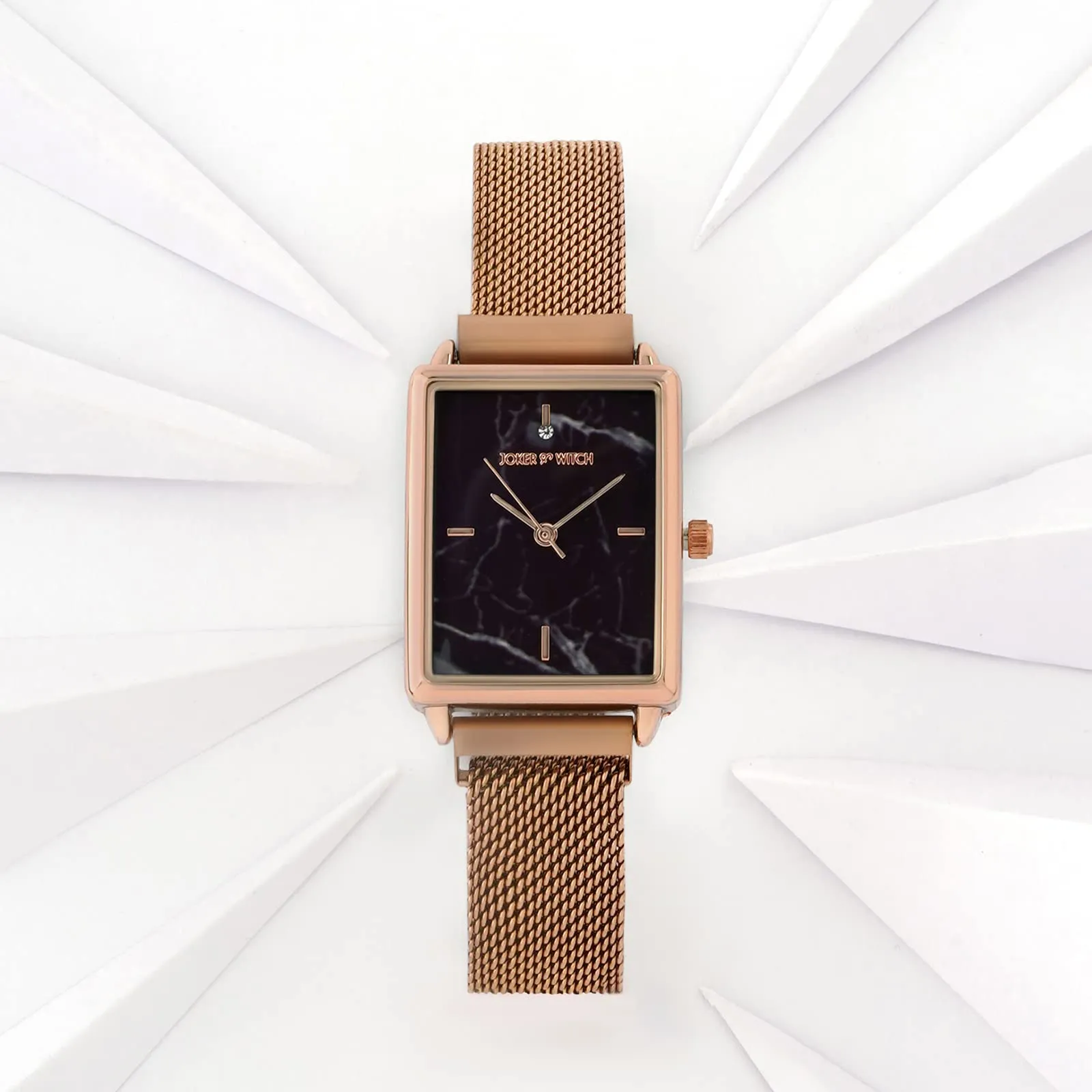 Joker & Witch Quad Black Marble Rectangle Dial Rosegold Mesh Strap Analog Women's Watch