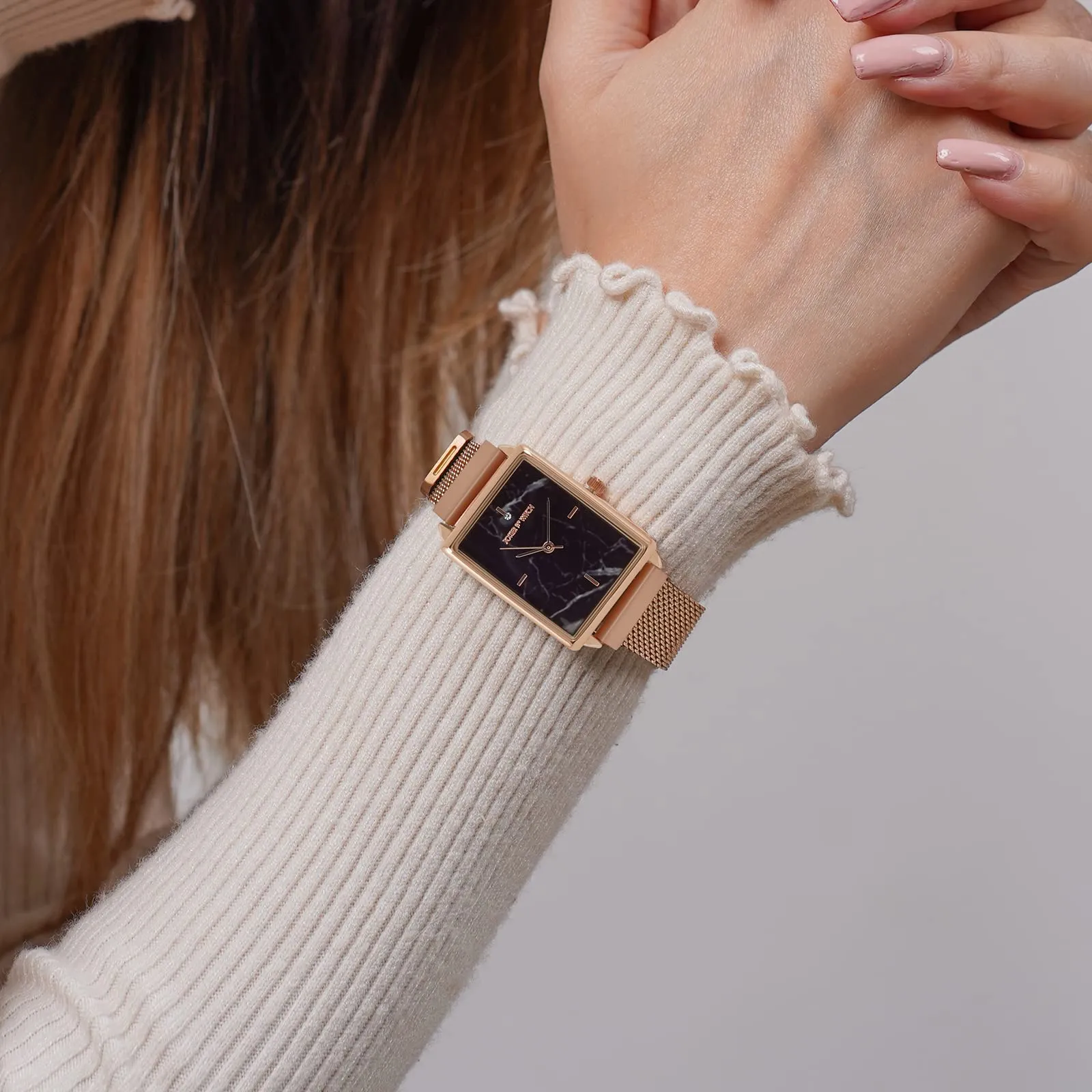Joker & Witch Quad Black Marble Rectangle Dial Rosegold Mesh Strap Analog Women's Watch