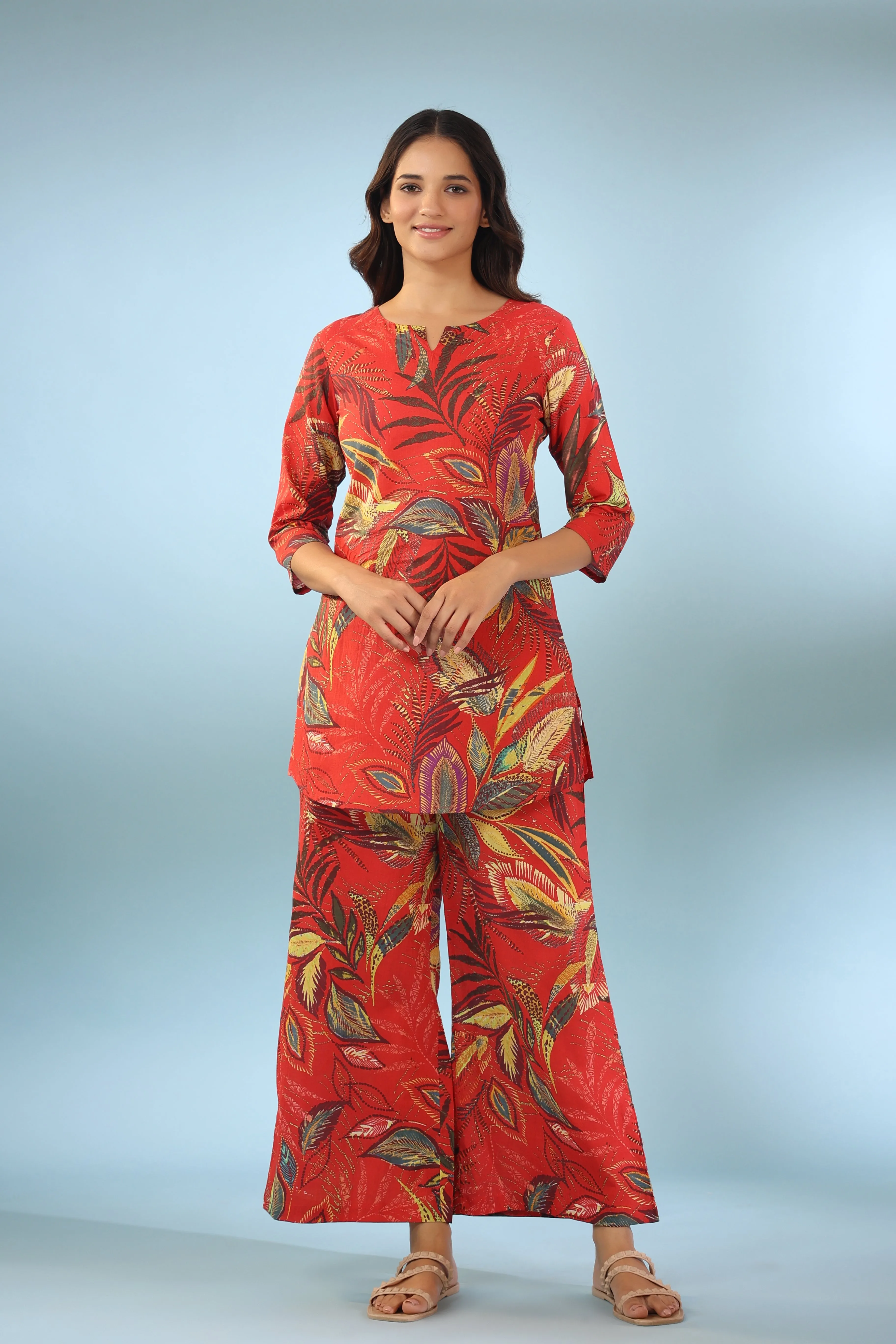 Leaf Ombre on Maroon Cotton Palazzo Loungewear Set