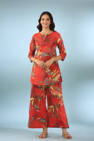 Leaf Ombre on Maroon Cotton Palazzo Loungewear Set