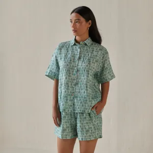Linen Shirt For Women | Watercolour Print | Teal