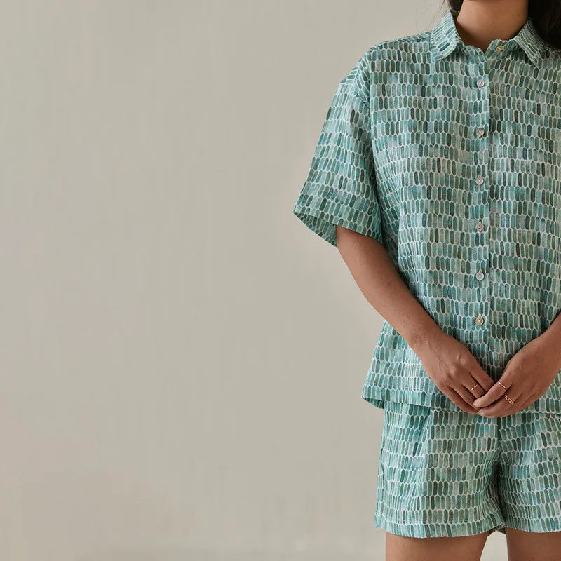 Linen Shirt For Women | Watercolour Print | Teal