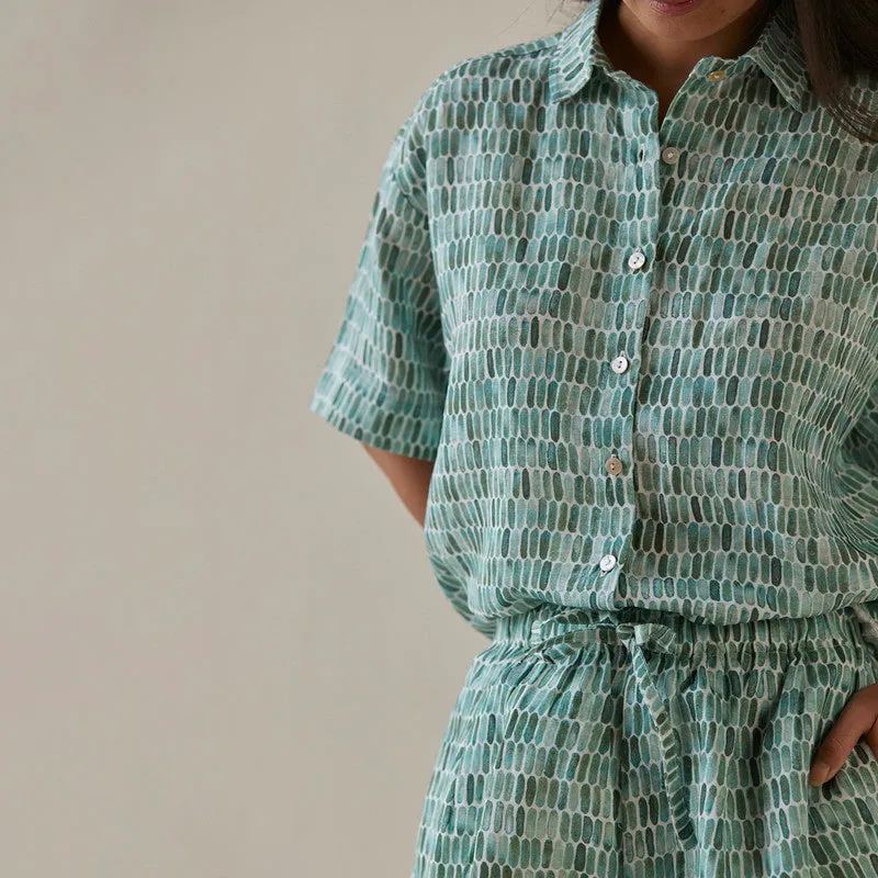 Linen Shirt For Women | Watercolour Print | Teal