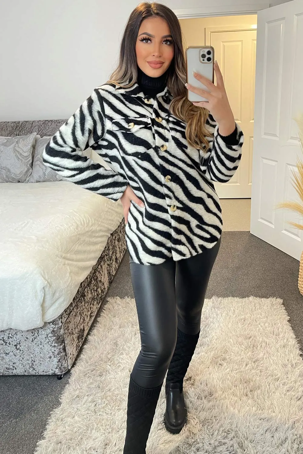 Louise Black and White Zebra Print Knitted Oversized Shacket