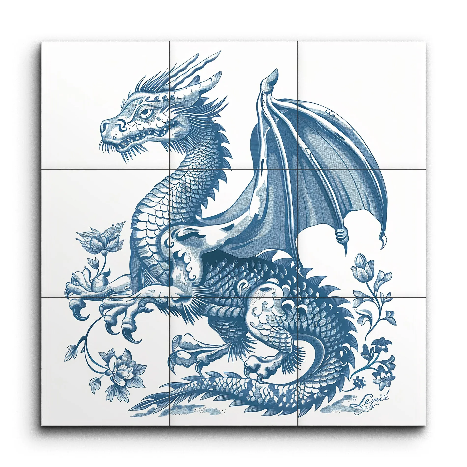 Majestic Blue Dragon with Floral Elegance