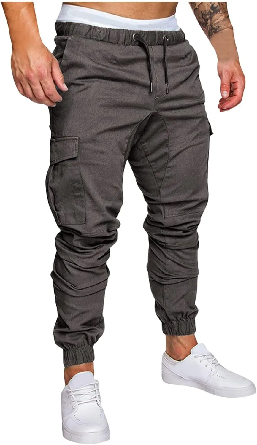 Mens Cargo Joggers Slim Fit Elastic Waist Athletic Work Pants Tapered Outdoor Hiking Cargo Sweatpants with Pocket