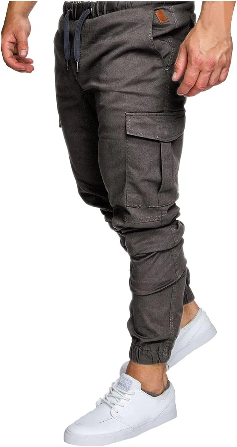 Mens Cargo Joggers Slim Fit Elastic Waist Athletic Work Pants Tapered Outdoor Hiking Cargo Sweatpants with Pocket