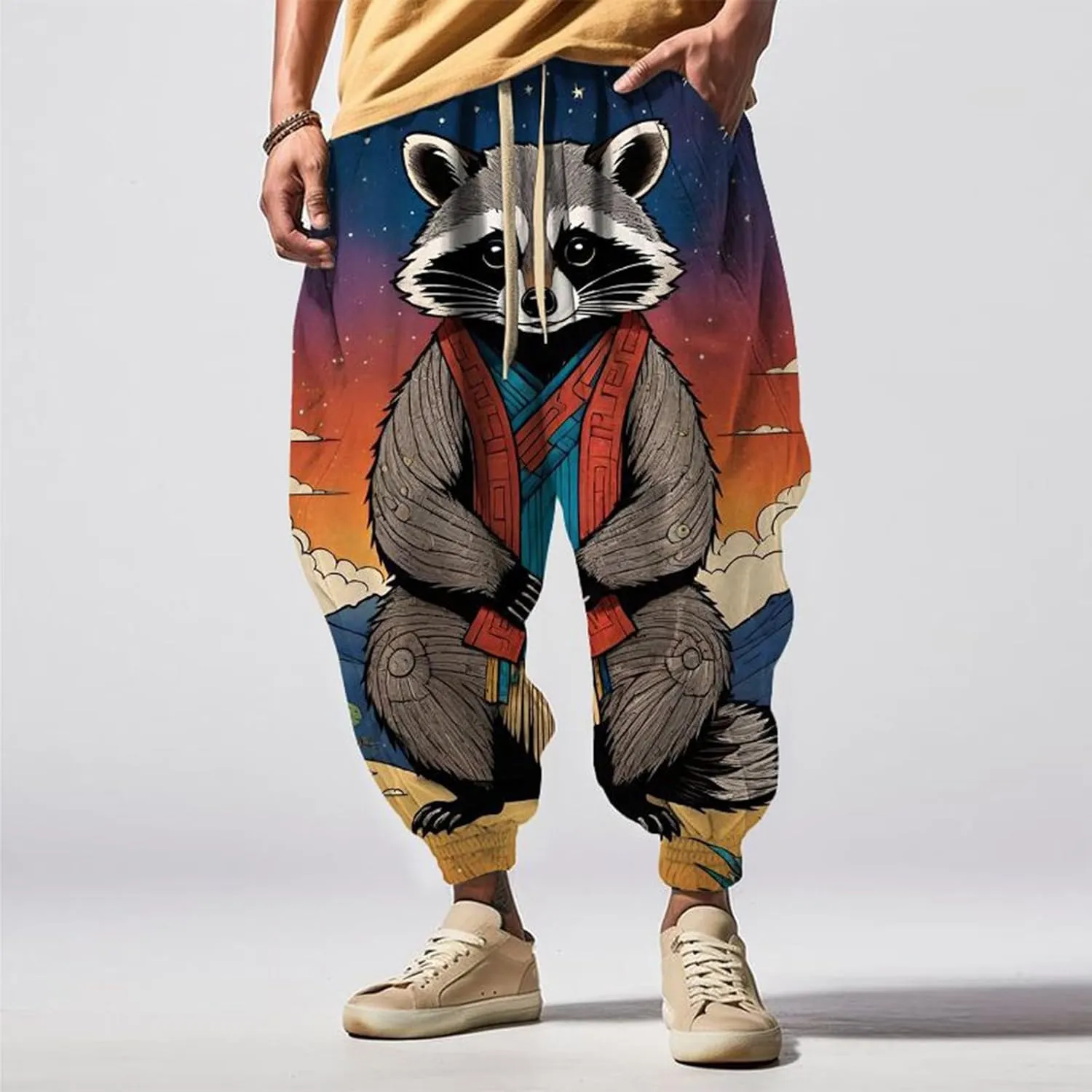 Mens Cargo Pants Print Fashion Street Feel Casual Sweatpants Japanese Casual Elastic Waist Baggy Trouser Parachute