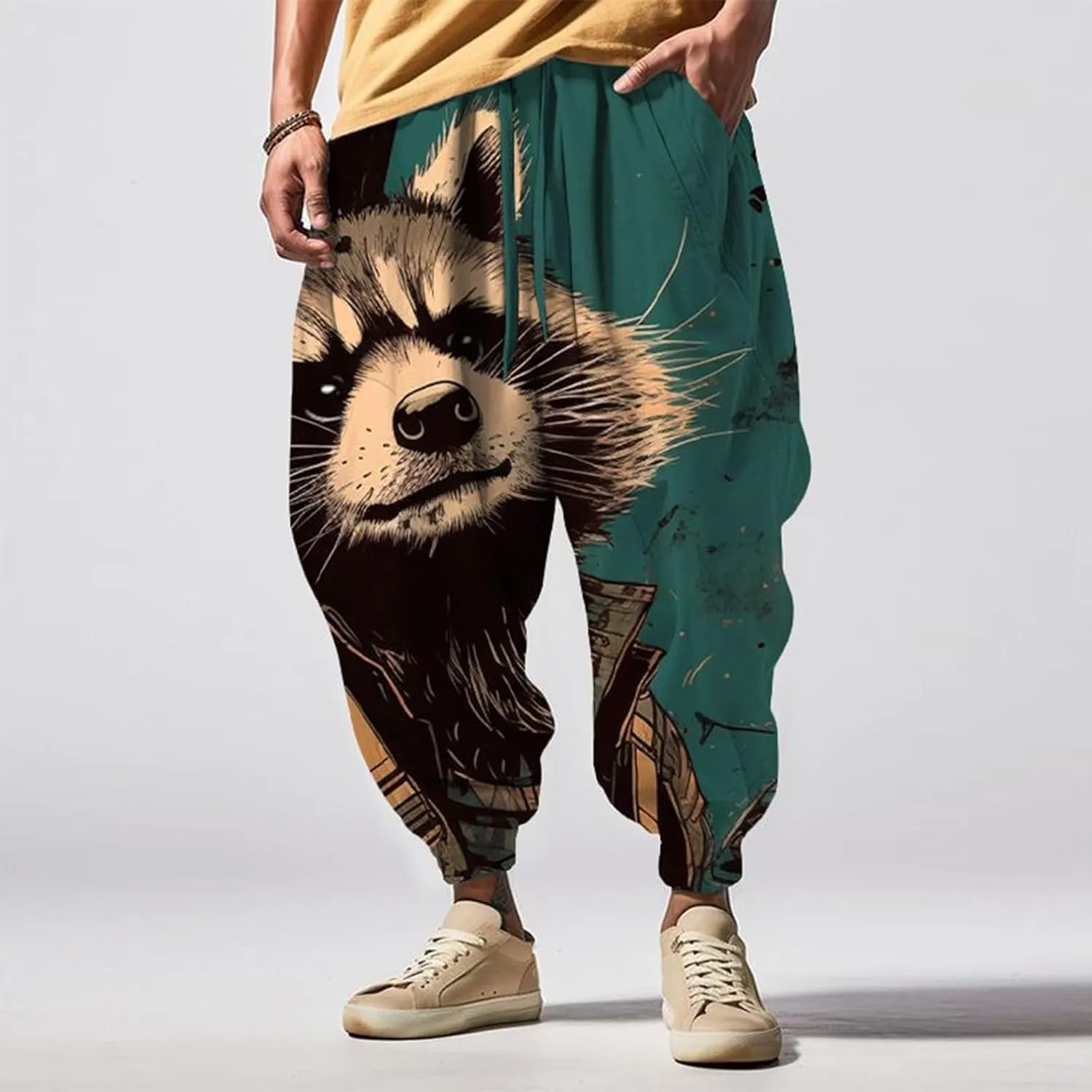 Mens Cargo Pants Print Fashion Street Feel Casual Sweatpants Japanese Casual Elastic Waist Baggy Trouser Parachute