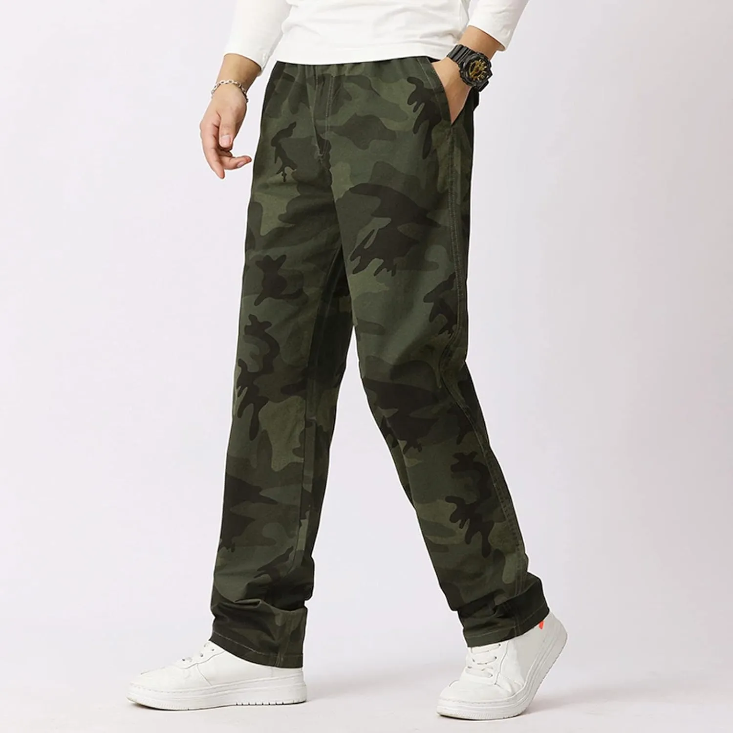 Mens Casual Loose Track Pants Plus Size Elastic Waist Camo Cargo Pants Cotton Durable Jogger Sweatpants Big & Tall