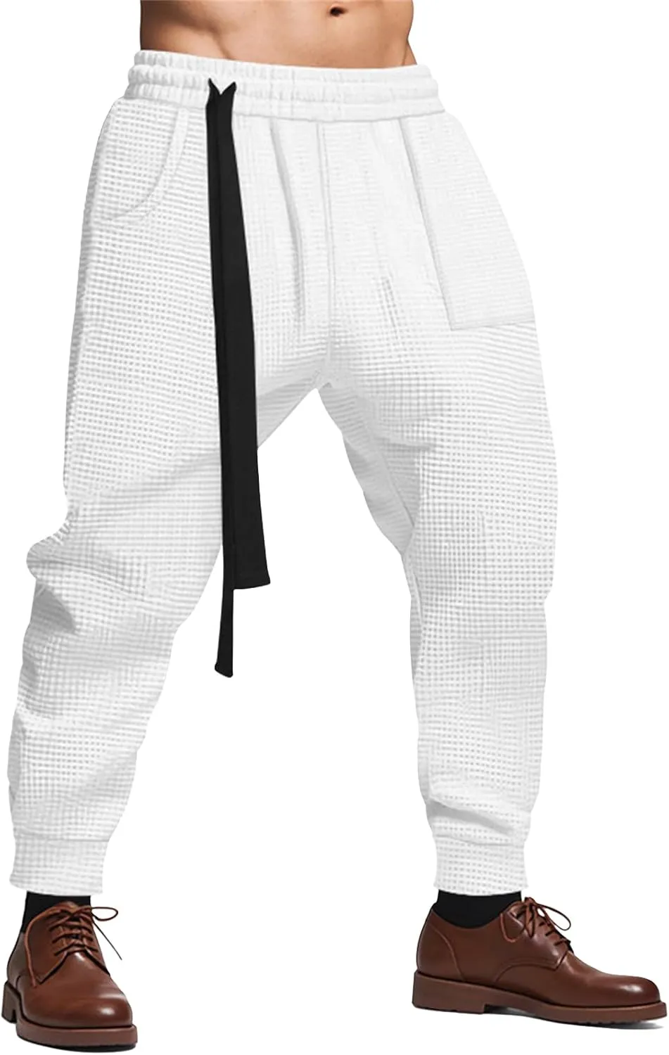 Mens Casual Pants Waffle Textured Drawstring Stretch Elastic Waist Tapered Joggers Baggy Hip Hop Harem Pants Streetwear