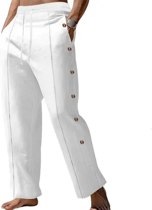 Mens Cotton Linen Trousers Button Elastic Waist Drawstring Casual Trendy Breathable Summer Beach Pants with Pockets