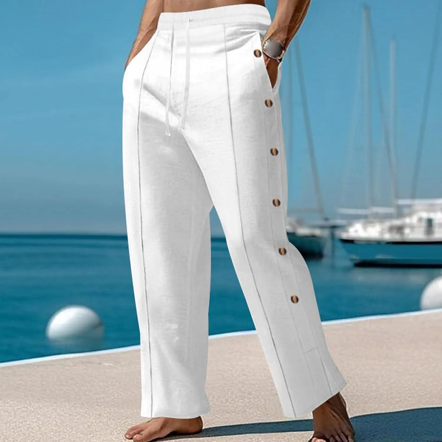 Mens Cotton Linen Trousers Button Elastic Waist Drawstring Casual Trendy Breathable Summer Beach Pants with Pockets