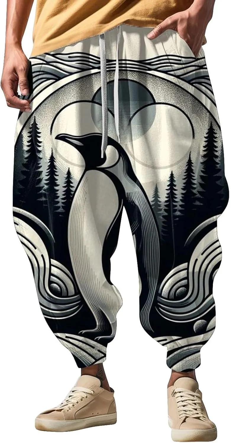 Mens Joggers Fun Print Fashion Street Feel Casual Sweatpants Mens Drawstring Hippie Aladdil Harem Pants Pants Men