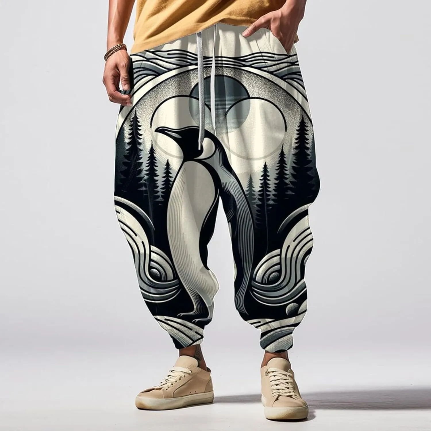 Mens Joggers Fun Print Fashion Street Feel Casual Sweatpants Mens Drawstring Hippie Aladdil Harem Pants Pants Men