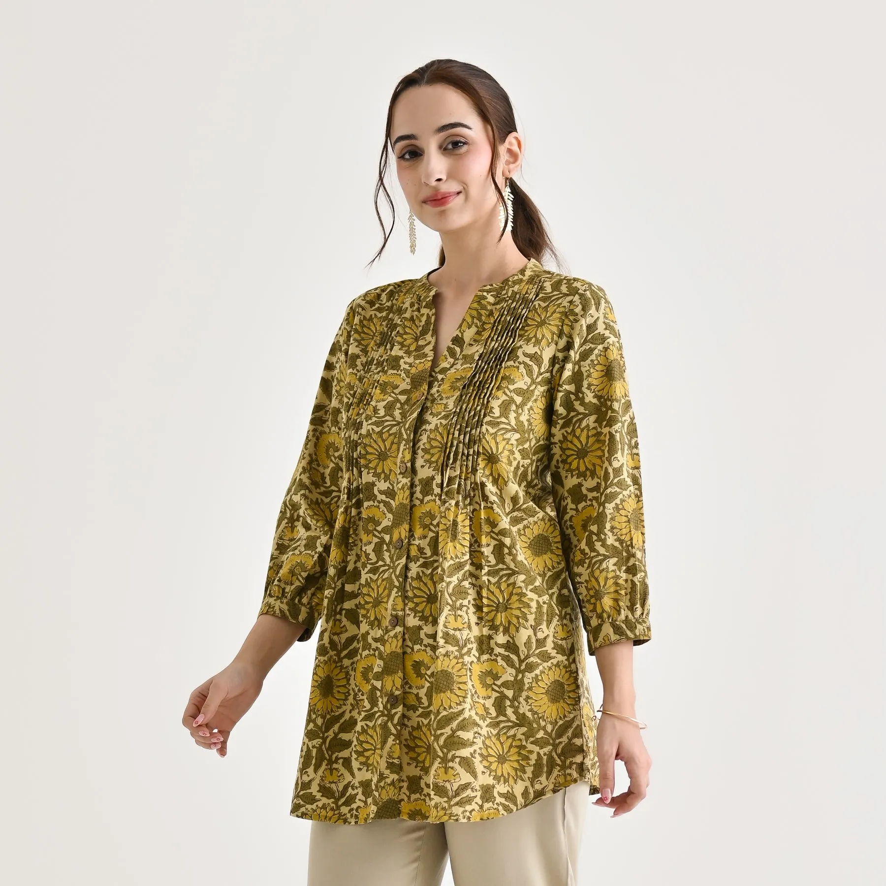 Olive Sanganeri Printed Cotton Tunic with Pintuck Detail