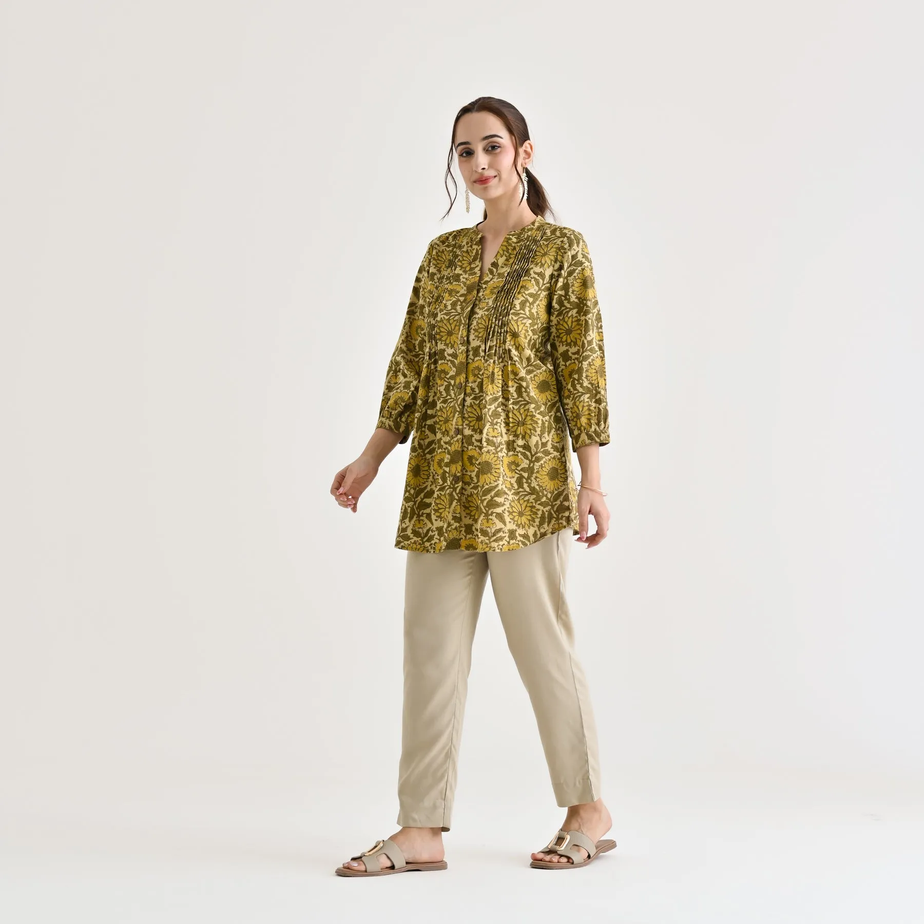 Olive Sanganeri Printed Cotton Tunic with Pintuck Detail